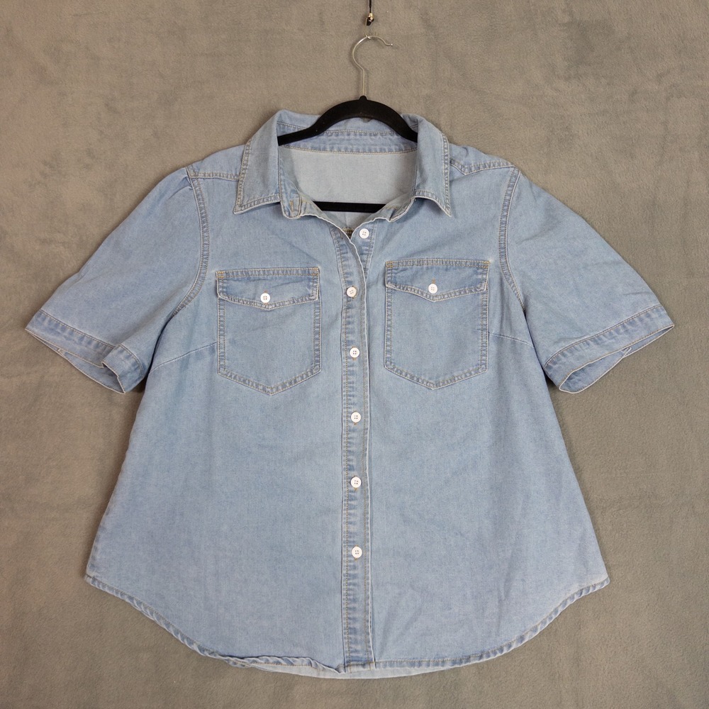 Curve Denim Shirt Women 0XL Light Blue Excellent Short Puff Sleeve Button
